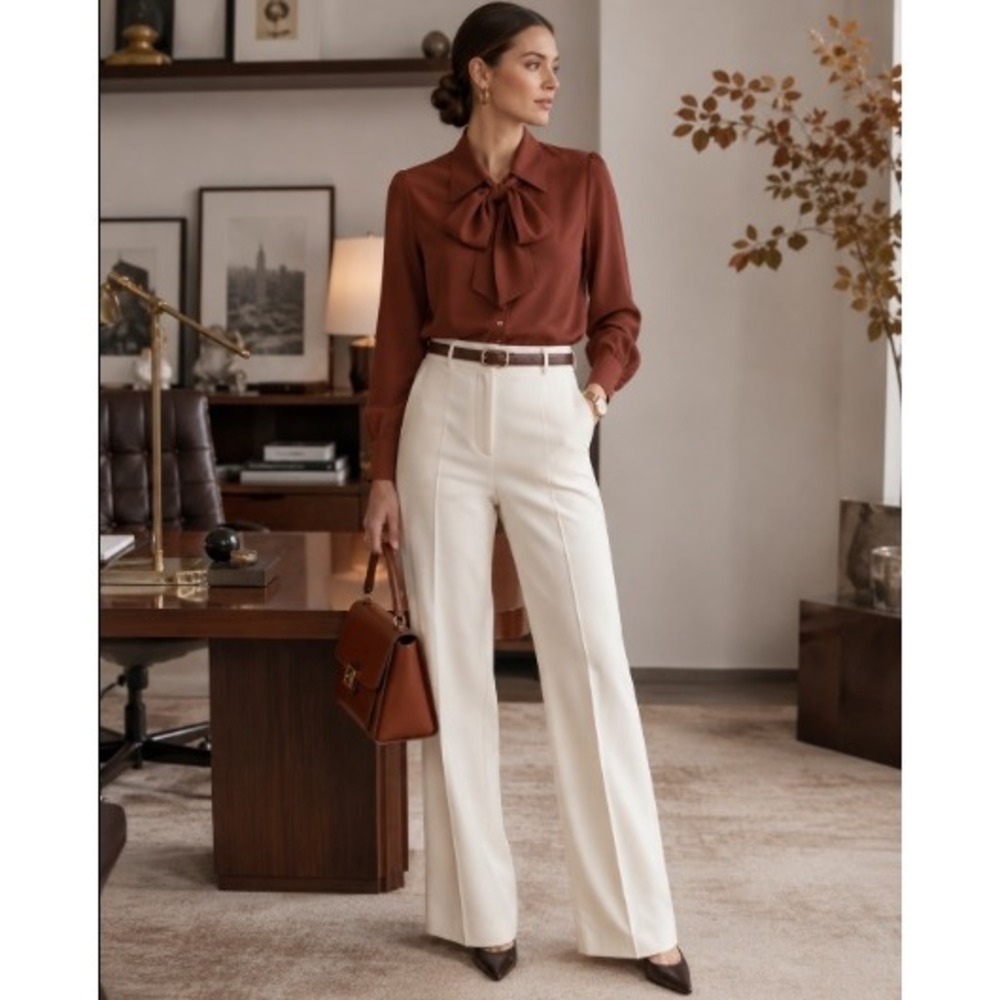 Antonio Melani S Rust Brown Oversized Bow Tie Neck Button Down Blouse